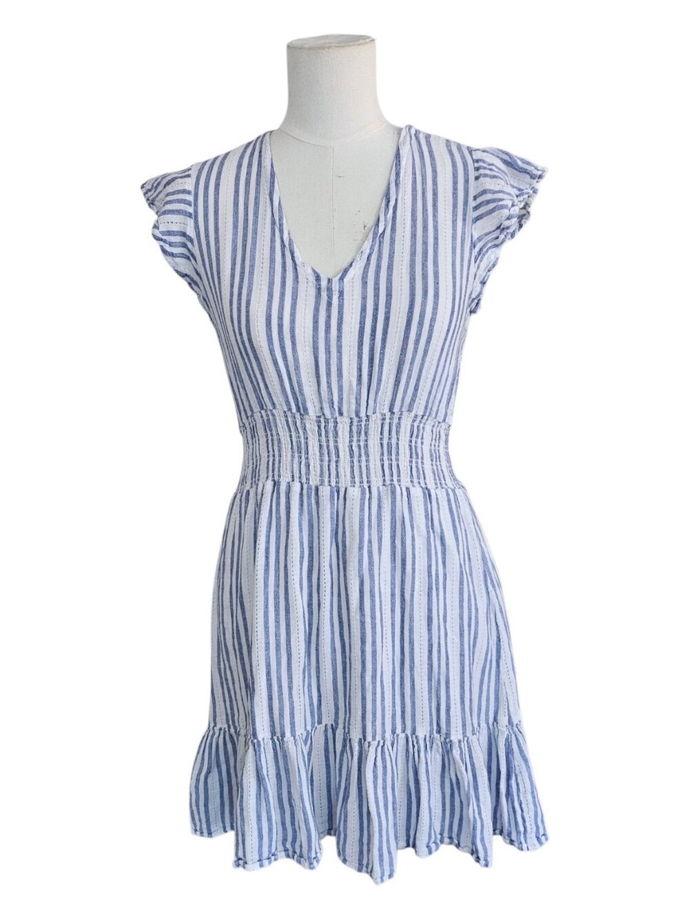 Rails Tara Linen Blend Smocked Striped Mini Dress Blue Catalina Stripe Size S